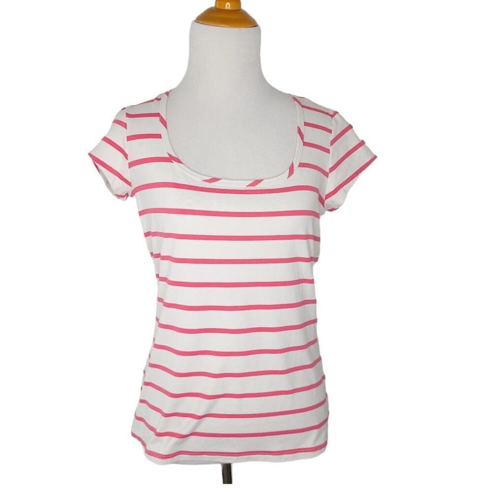 J. McLaughlin Catalina Cloth Shirt Scoop Neck Pink Stripes Short Sleeve XS